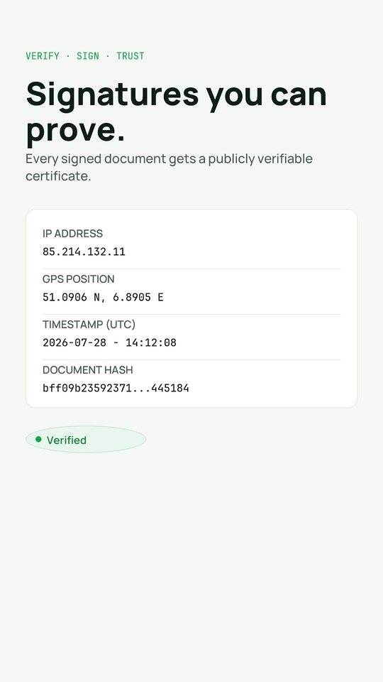 Screenshot: certificate showing IP address, GPS position, timestamp and document checksum