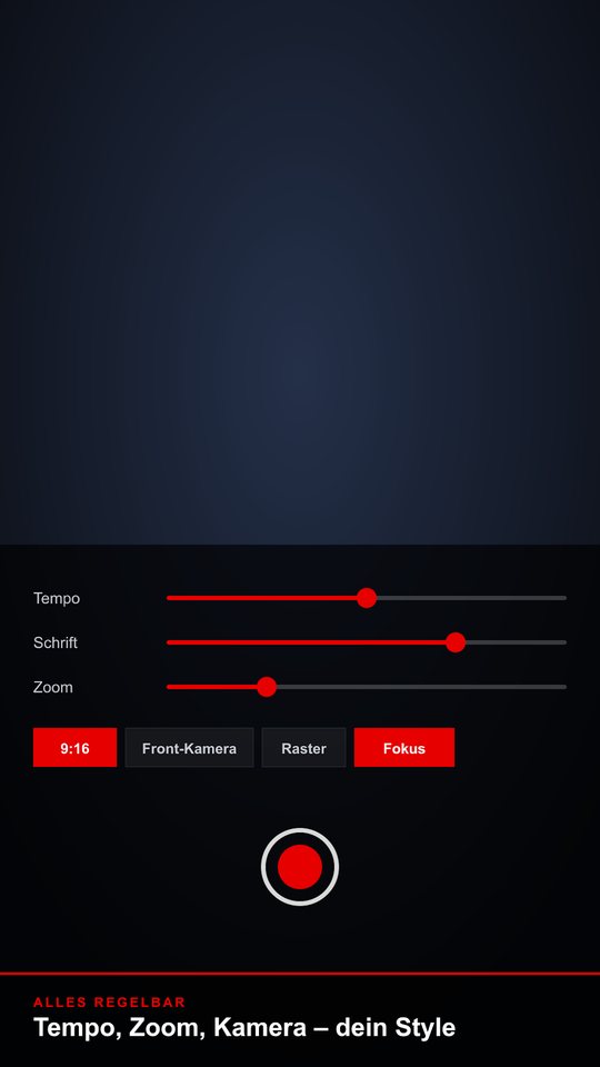 Screenshot: sliders for speed, font size and zoom, camera selection and record button